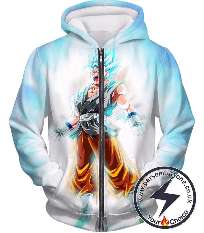 Dragon Ball Super Awesome Fusion Hero Vegito Super Saiyan Blue Action White Zip Up Hoodie